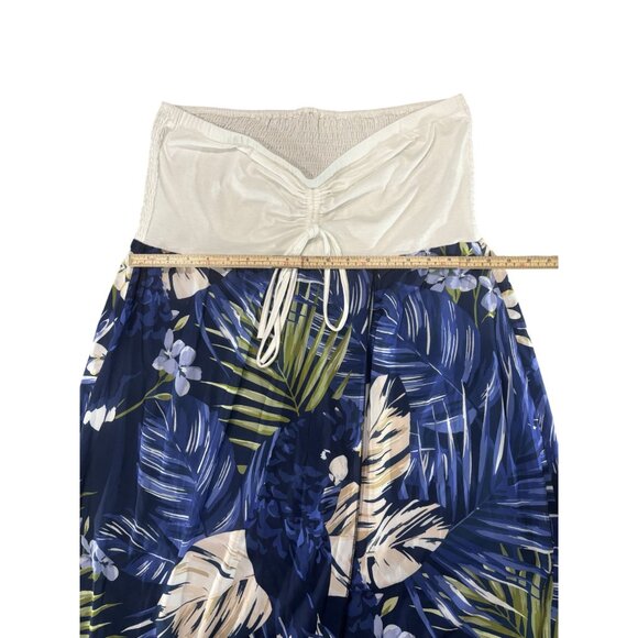 Tropical Floral Maxi Skirt With Ruched Waistband & Drawstring 2XL  Blue & White - Picture 6 of 6